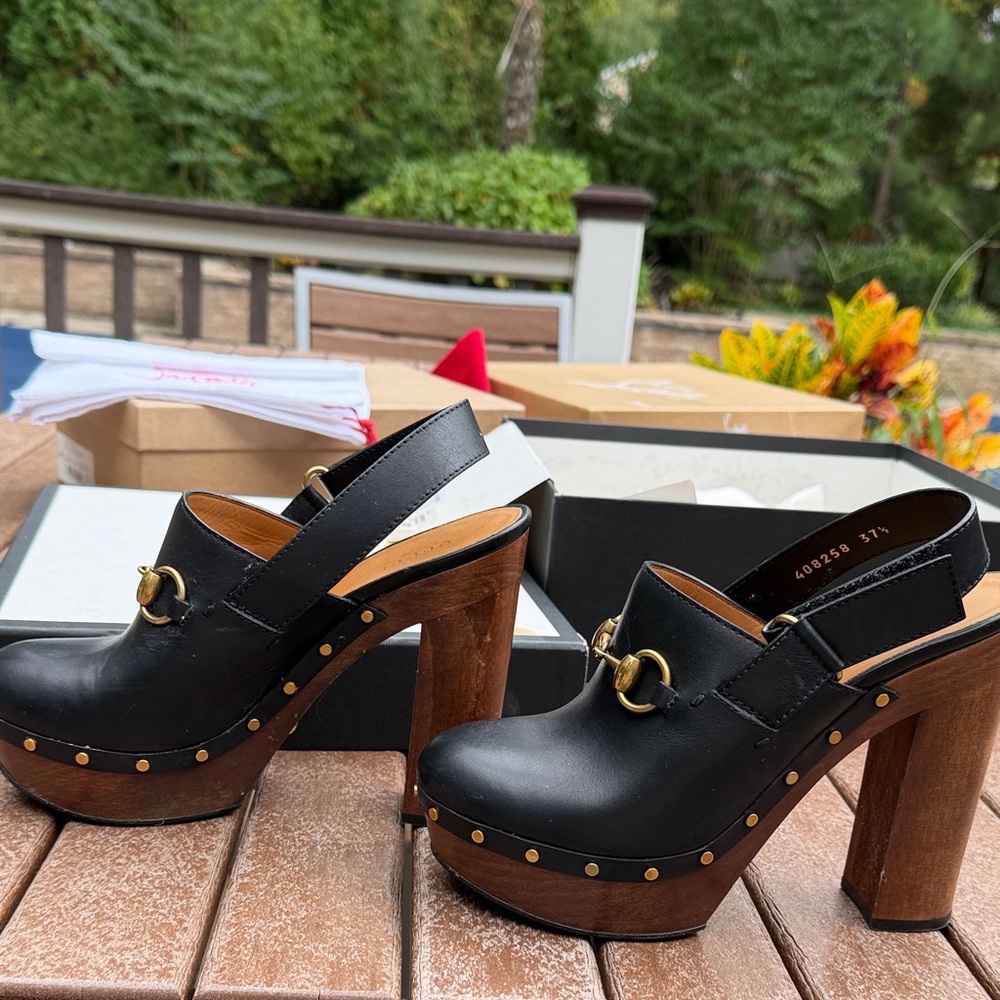 Gucci Black Leather Platform Clogs with Gold Hardware